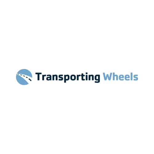 Logo van Transporting Wheels met blauwe tekst en wiel icoon