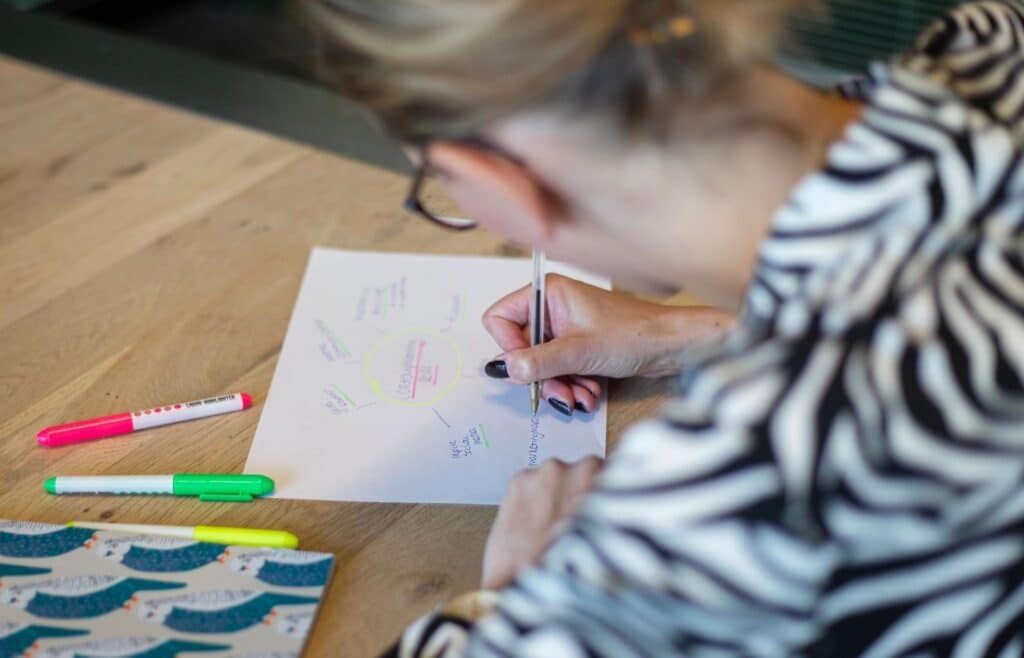 Persoon maakt een schets van een marketingstrategie met gekleurde markeerstiften op papier