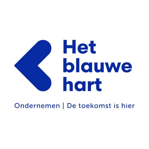 Logo van Het Blauwe Hart met blauwe pijl en tekst Ondernemen | De toekomst is hier