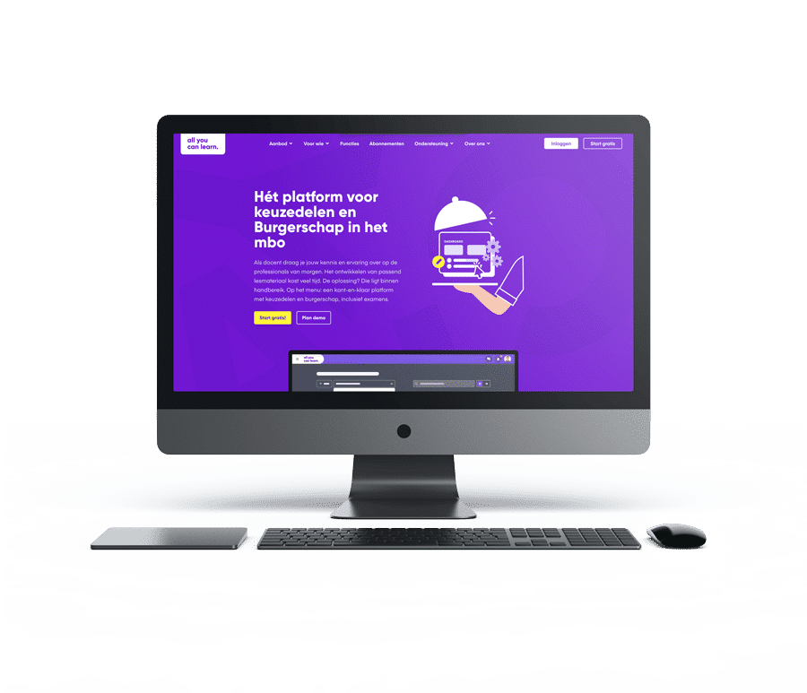 Desktop computer met weergave van All You Can Learn website op scherm