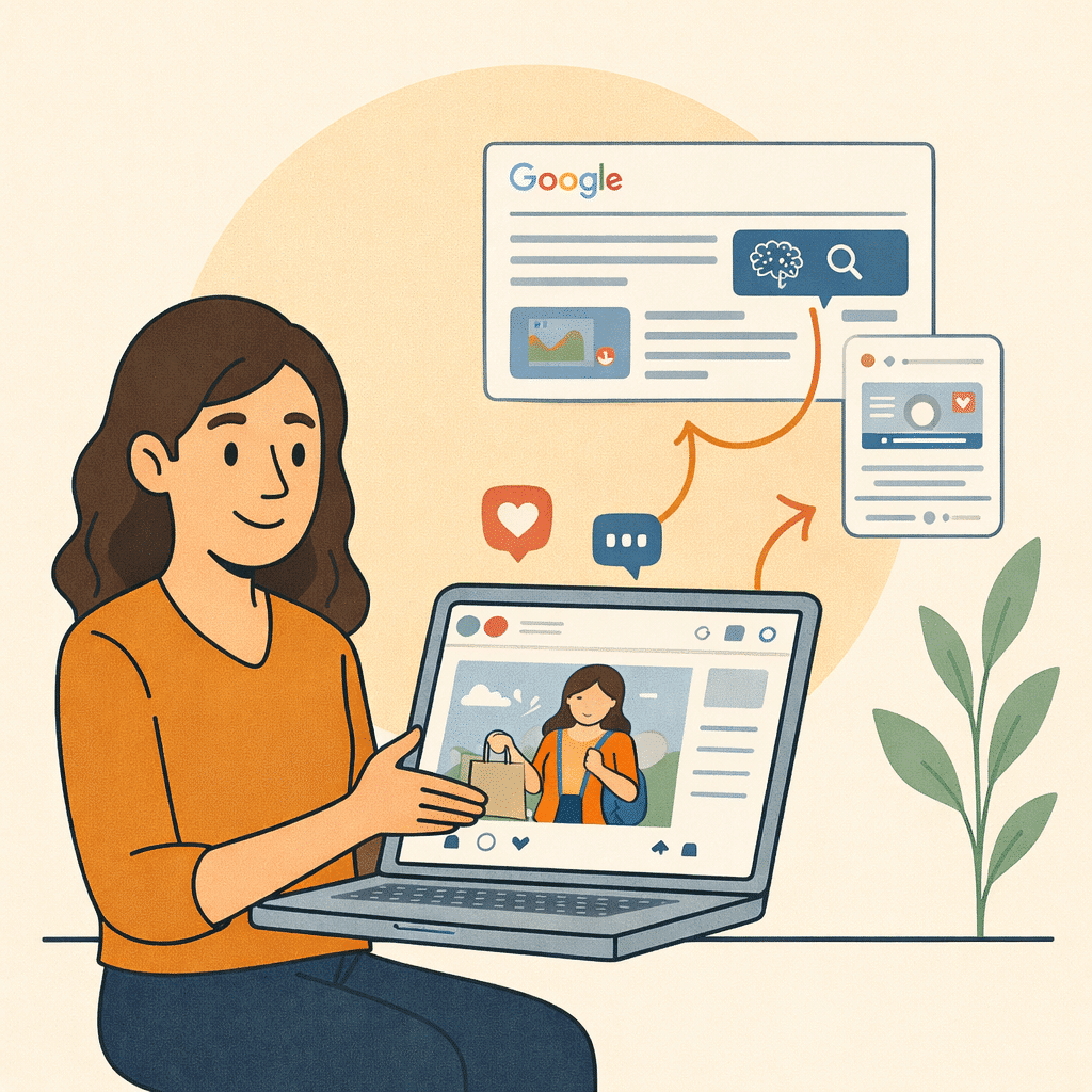 Vrouw toont op laptop hoe social media posts invloed hebben op zoekresultaten en AI-overzichten in Google